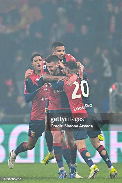 Mattia Bani of Genoa celebrates with teammates after scoring the team's second goal during the Serie A TIM match between Genoa CFC and Udinese Calcio...