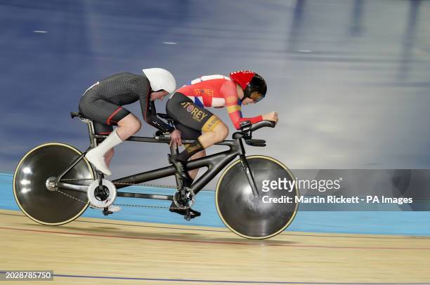 Black Line's Lora Fachie and Storey Racing's Corrine Hall on their way to winning the Women's Individual Pursuit - Para B Final during day two of the...