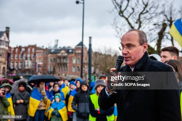 Anatolii Solovei, Counsellor of the Embassy of Ukraine in The Netherlands, is seen giving a speech during the rally. Because today marks two years...