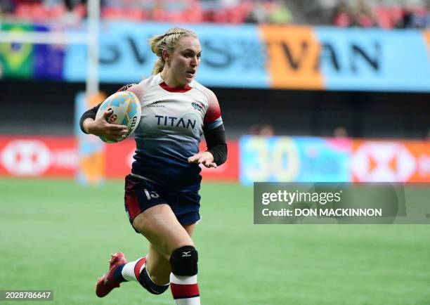 Great Britain's Ellie Boatman scores a try against France during the HSBC SVNS Vancouver tournament in Vancouver, BC, Canada, on February 24, 2024.