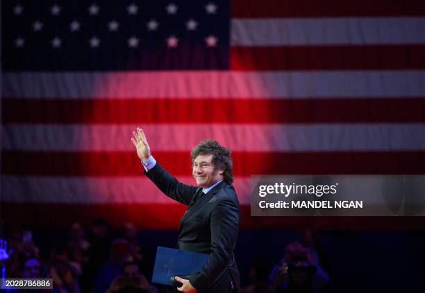 Argentine President Javier Milei arrives to speak during the annual Conservative Political Action Conference meeting on February 24 in National...