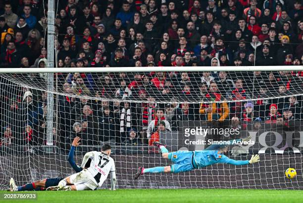 Lorenzo Lucca of Udinese scores a goal which will be disallowed during the Serie A TIM match between Genoa CFC and Udinese Calcio at Stadio Luigi...