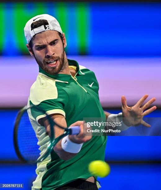 Karen Khachanov is playing in his final singles match against Jakub Mensik from the Czech Republic at the ATP Qatar ExxonMobil Open tennis tournament...