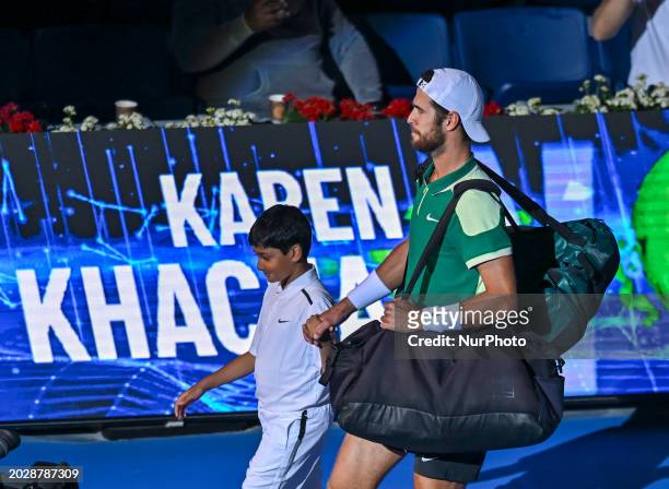 Karen Khachanov is arriving for his men's singles final match against Jakub Mensik of the Czech Republic at the ATP Qatar ExxonMobil Open tennis...