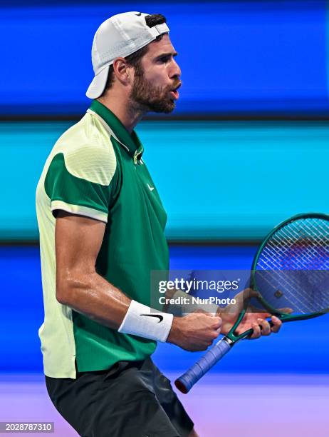 Karen Khachanov is playing in his final singles match against Jakub Mensik from the Czech Republic at the ATP Qatar ExxonMobil Open tennis tournament...