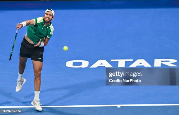 Karen Khachanov is playing in his final singles match against Jakub Mensik from the Czech Republic at the ATP Qatar ExxonMobil Open tennis tournament...