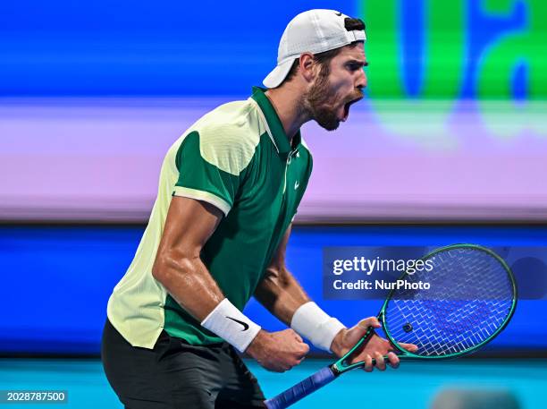 Karen Khachanov is playing in his final singles match against Jakub Mensik from the Czech Republic at the ATP Qatar ExxonMobil Open tennis tournament...