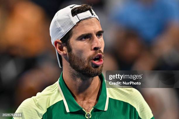 Karen Khachanov is playing in his final singles match against Jakub Mensik from the Czech Republic at the ATP Qatar ExxonMobil Open tennis tournament...