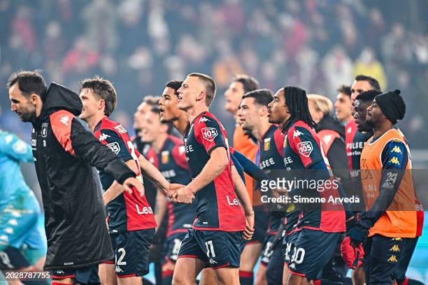 Players of Genoa celebrate after the Serie A TIM match between Genoa CFC and Udinese Calcio at Stadio Luigi Ferraris on February 24, 2024 in Genoa,...