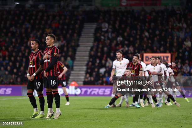 Marcus Tavernier of Bournemouth and Justin Kluivert of Bournemouth form a wall for a free kick during the Premier League match between AFC...