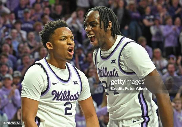 Tylor Perry of the Kansas State Wildcats and Arthur Kaluma reacts after a score in the second half against the Brigham Young Cougars at Bramlage...