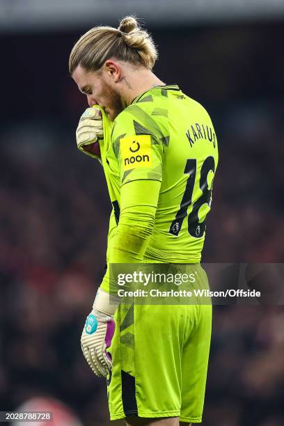 Newcastle United goalkeeper Loris Karius wipes his face during the Premier League match between Arsenal FC and Newcastle United at Emirates Stadium...