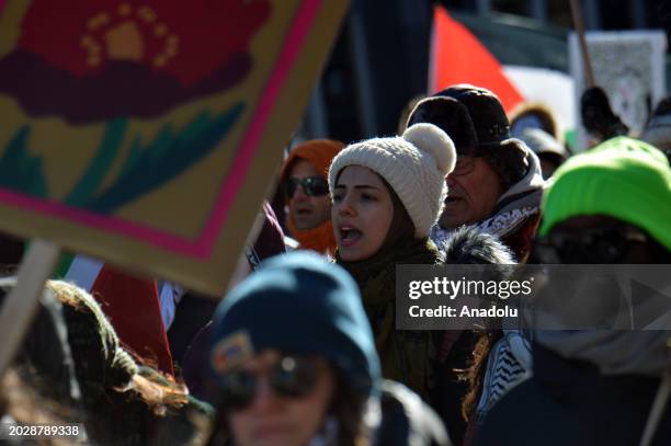 Demonstrators carrying Palestinian flags and banners protest against Israel's attacks on Gaza and Rafah in Ottawa, Canada on February 24, 2024.