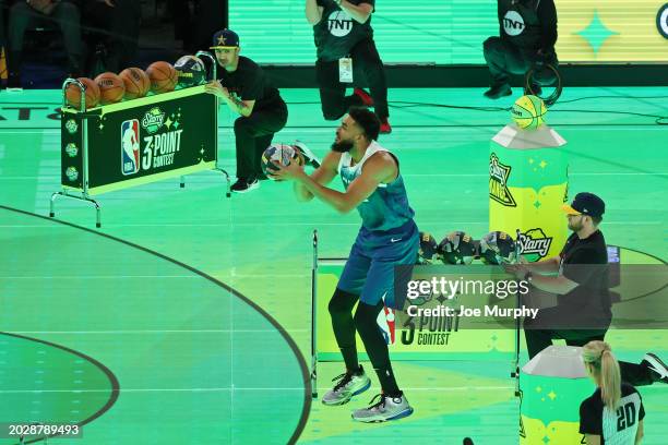Karl-Anthony Towns of the Minnesota Timberwolves shoots a three point basket during the 3 Point Contest as a part of State Farm All-Star Saturday...