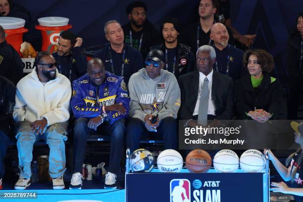 Julius Erving looks on during the Slam Dunk Contest as a part of State Farm All-Star Saturday Night on Saturday, February 17, 2024 at Lucas Oil...