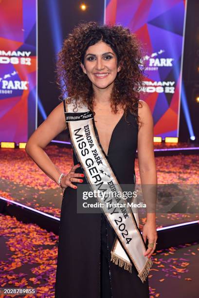 Miss Germany 2024 Apameh Api Schönauer on stage at the Miss Germany Contest 2024 Finals at Europa-Park on February 24, 2024 in Rust, Germany.