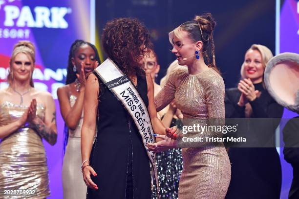 Miss Germany 2024 Apameh Api Schönauer and Miss Germany 2023 Kira Geiss on stage at the Miss Germany Contest 2024 Finals at Europa-Park on February...