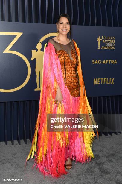 Actress and writer Cara Jade Myers arrives for the 30th Annual Screen Actors Guild awards at the Shrine Auditorium in Los Angeles, February 24, 2024.