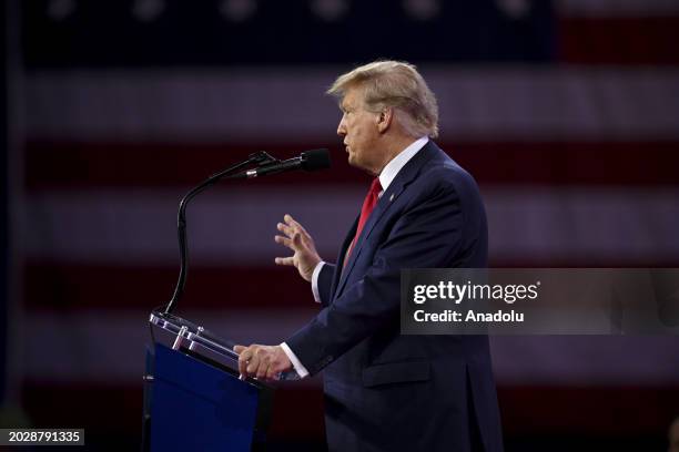 Former US President Donald Trump makes a speech as he attends the 2024 Conservative Political Action Conference at the Gaylord National Resort and...