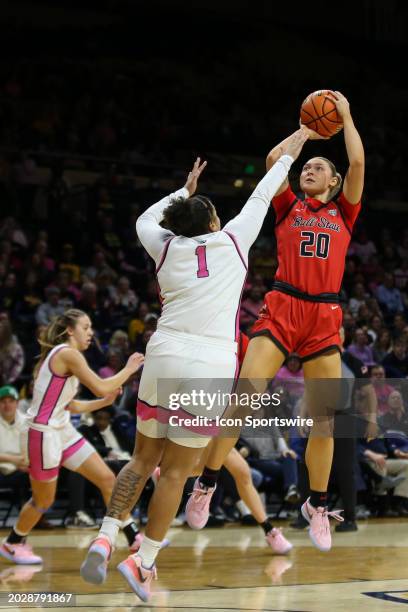 Ball State Cardinals forward Alex Richard shoots over Toledo Rockets guard Nan Garcia during the fourth quarter of a regular season Mid-American...