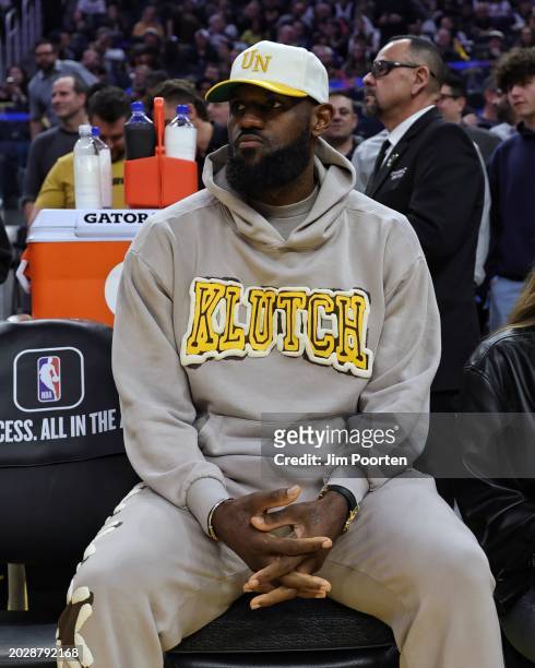 LeBron James of the Los Angeles Lakers looks on before the game on February 22, 2024 at Chase Center in San Francisco, California. NOTE TO USER: User...