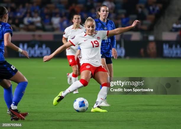 Canada forward Adriana Leon shoots on goal in the first half during the CONCACAF Womens Gold Cup Group C - Canada vs El Salvador on February 22, 2024...