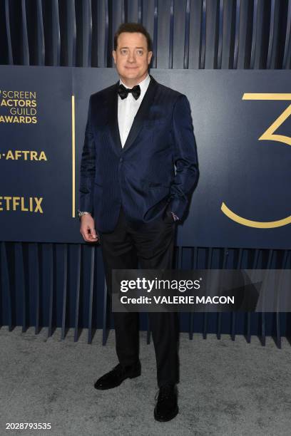 Canadian-US actor Brendan Fraser arrives for the 30th Annual Screen Actors Guild awards at the Shrine Auditorium in Los Angeles, February 24, 2024.