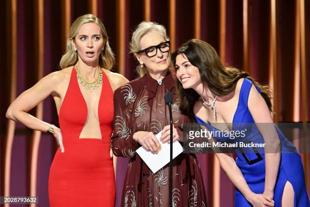 Emily Blunt, Meryl Streep and Anne Hathaway speak onstage at the 30th Annual Screen Actors Guild Awards held at the Shrine Auditorium and Expo Hall...