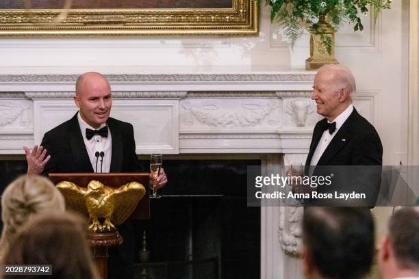 Utah Governor Spencer Cox, National Governors Association Chair, delivers remarks during a toast for U.S. President Joe Biden during a black-tie...