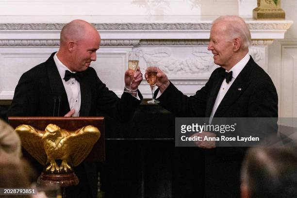 Utah Governor Spencer Cox, National Governors Association Chair, delivers remarks and toasts U.S. President Joe Biden during a black-tie dinner at...
