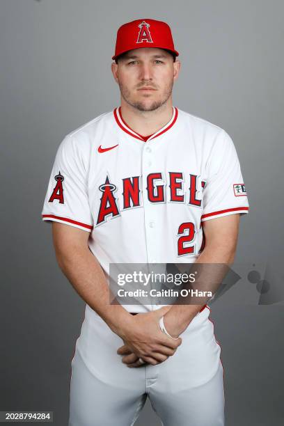 Mike Trout of the Los Angeles Angels poses for a photo during the Los Angeles Angels Photo Day at Tempe Diablo Stadium on Wednesday, February 21,...