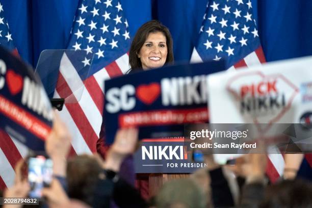 Republican presidential candidate former U.N. Ambassador Nikki Haley speaks to a crowd during a primary election night party on February 24, 2024 in...