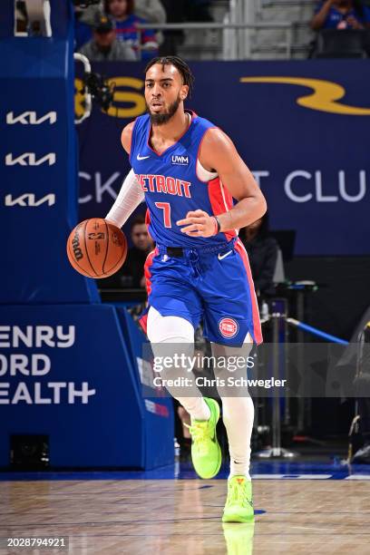 Troy Brown Jr. #7 of the Detroit Pistons dribbles the ball during the game against the Orlando Magic on February 24, 2024 at Little Caesars Arena in...