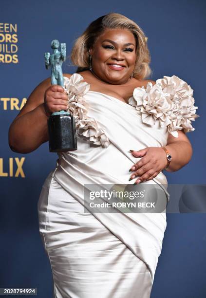 Actress Da'Vine Joy Randolph poses in the press room with the award for Outstanding Performance by a Female Actor in a Supporting Role in a Motion...