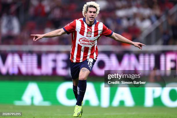 Cade Cowell of Chivas celebrates after scoring the team's first goal during the 8th round match between Chivas and Pumas UNAM as part of the Torneo...