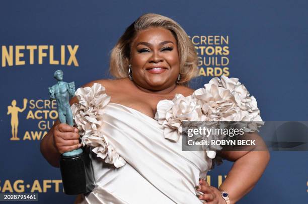 Actress Da'Vine Joy Randolph poses in the press room with the award for Outstanding Performance by a Female Actor in a Supporting Role in a Motion...