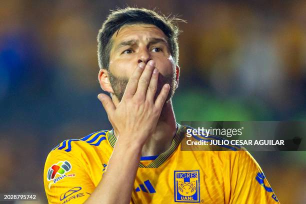 Tigres' Andree Pierre Gignac celebrates after scoring a goal during the Mexican Apertura 2023 tournament football match between Tigres and Atlas at...