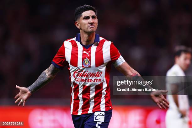 Victor Guzman of Chivas celebrates after scoring the team's third goal during the 8th round match between Chivas and Pumas UNAM as part of the Torneo...