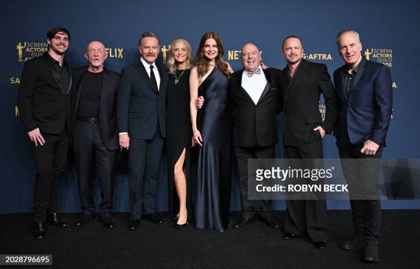 Actors RJ Mitte, Jonathan Banks, Bryan Cranston, Anna Gunn, Betsy Brandt, Dean Norris, Aaron Paul and Bob Odenkirk pose in the press room during the...