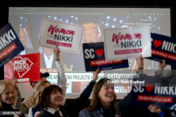 Supporters of Republican presidential candidate former U.N. Ambassador Nikki Haley, react as former President Donald Trump gives an acceptance speech...
