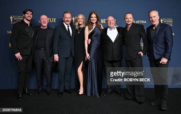 Actors RJ Mitte, Jonathan Banks, Bryan Cranston, Anna Gunn, Betsy Brandt, Dean Norris, Aaron Paul and Bob Odenkirk pose in the press room during the...