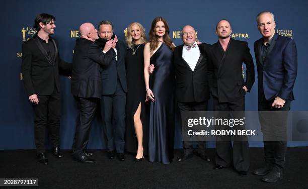 Actors RJ Mitte, Jonathan Banks, Bryan Cranston, Anna Gunn, Betsy Brandt, Dean Norris, Aaron Paul and Bob Odenkirk pose in the press room during the...