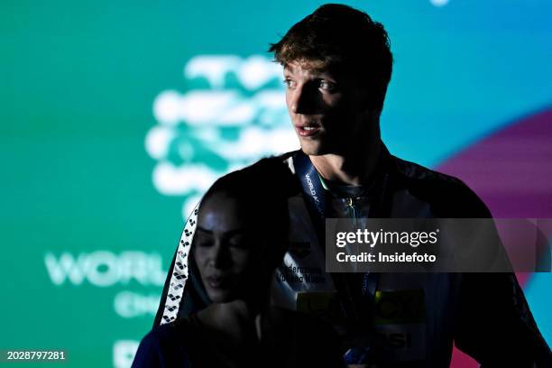 Alessandro Miressi of Italy reacts after the medal ceremony of the swimming 100m Freestyle Men Final during the 21st World Aquatics Championships....