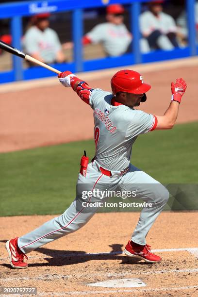 Philadelphia Phillies infielder Whit Merrifield at bat during the spring training game between the Philadelphia Phillies and the Toronto Blue Jays on...