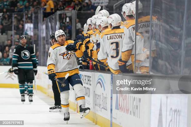 Kiefer Sherwood of the Nashville Predators celebrates scoring a goal against the San Jose Sharks in the first period at SAP Center on February 24,...