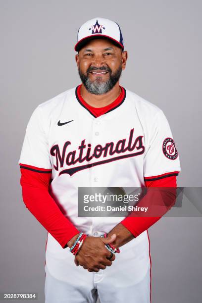 Manager Dave Martinez of the Washington Nationals poses for a photo during the Washington Nationals Photo Day at Cacti Park at the Palm Beaches on...