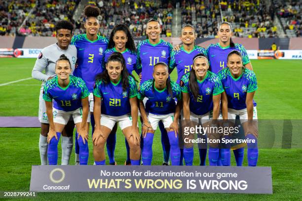The Brazil National team before the CONCACAF W Gold Cup Group B match between Colombia and Brazil on February 24 at Snapdragon Stadium in San Diego,...
