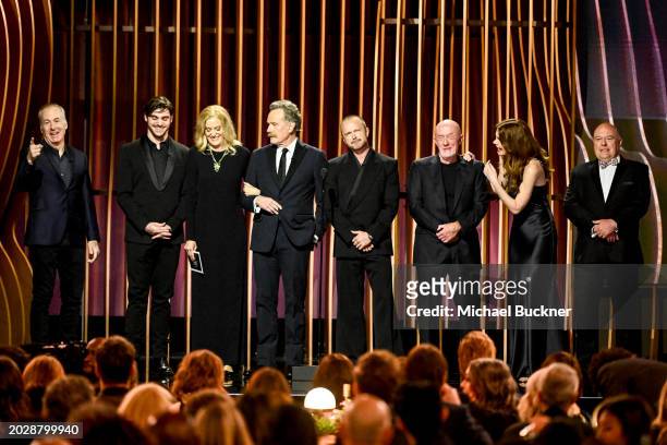 Bob Odenkirk, RJ Mitte, Anna Gunn, Bryan Cranston, Aaron Paul, Jonathan Banks, Betsy Brandt, and Dean Norris speak onstage at the 30th Annual Screen...