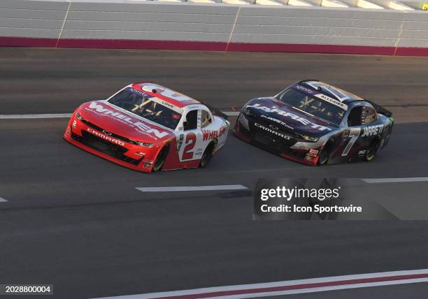 Jesse Love leads Justin Allgaier through Turn 1 during the running of the NASCAR Xfinity Series RAPTOR King of Tough 250 on February 24 at Atlanta...