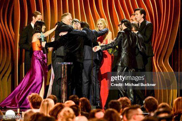 The cast of "Succession" accepts the Outstanding Performance by an Ensemble in a Drama Series at the 30th Annual Screen Actors Guild Awards held at...